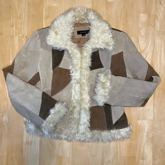 Vintage STATIC Genuine Suede Leather Patchwork Faux Fur Trim Jacket - Brown/Tan - Picture 3 of 16